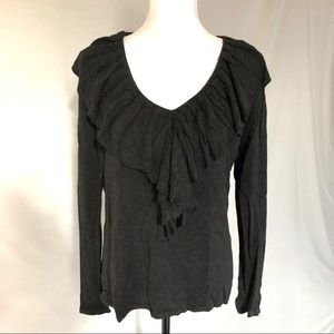 Stretchy Dark Gray Charcoal Ruffle V Neck Sweater